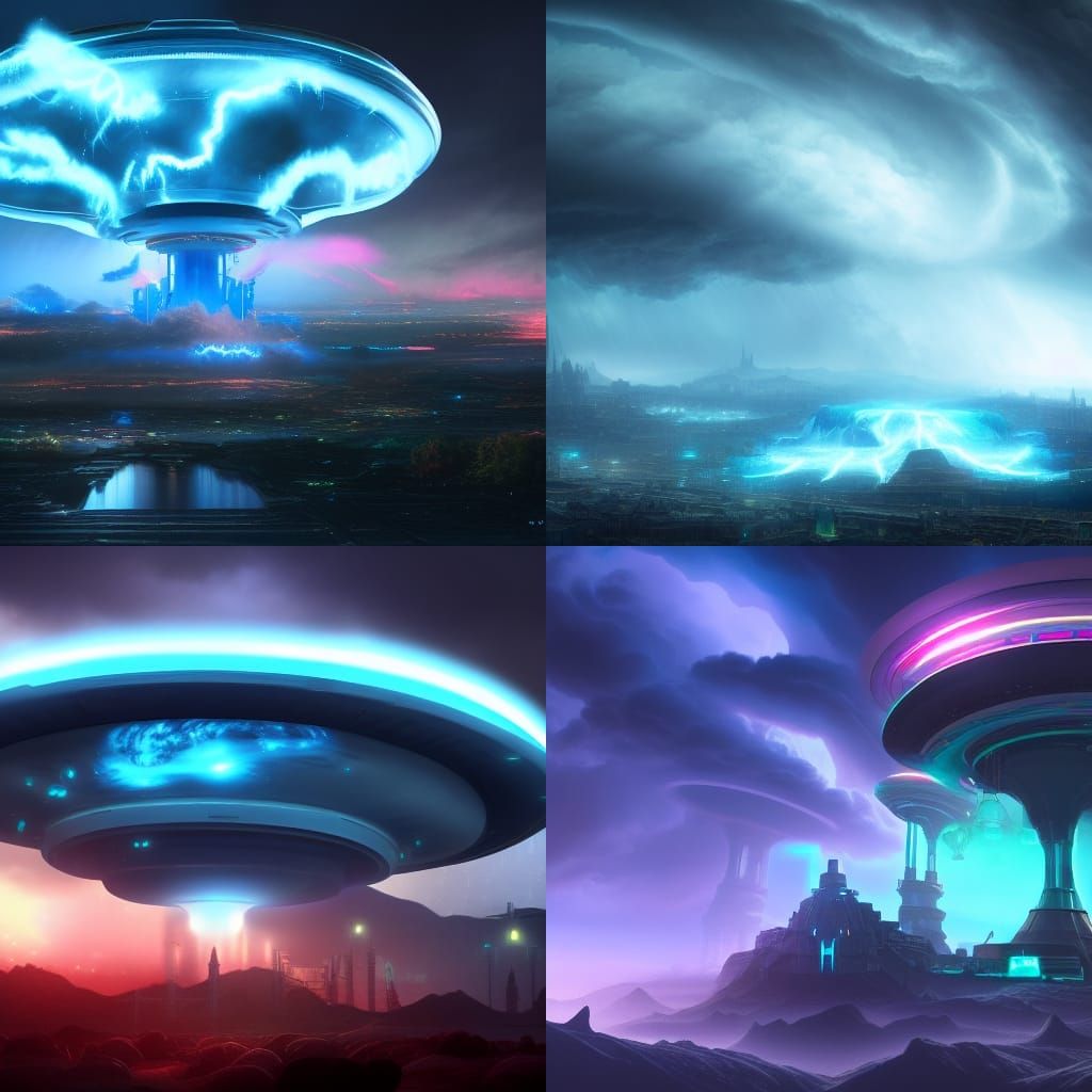 Neon Storm Clouds with Hidden UFO in Digital Art