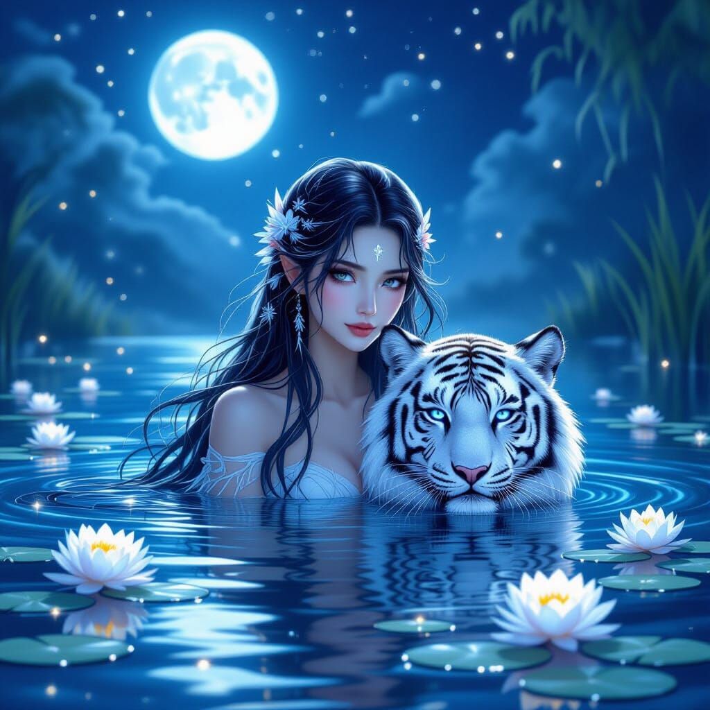 Mythological Water Spirit Emerges from Moonlit Lake