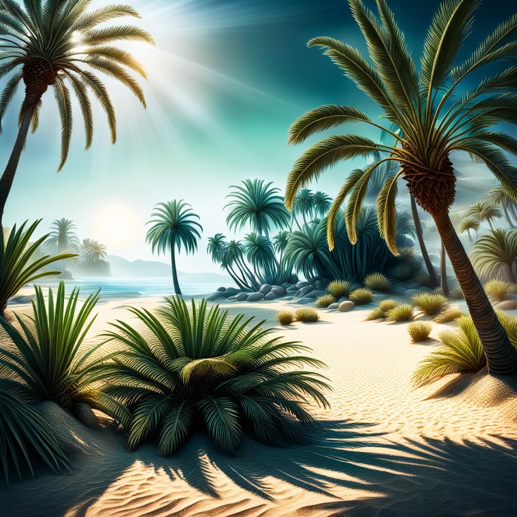 Hyper-Realistic Botanic Garden on a Sandy Beach