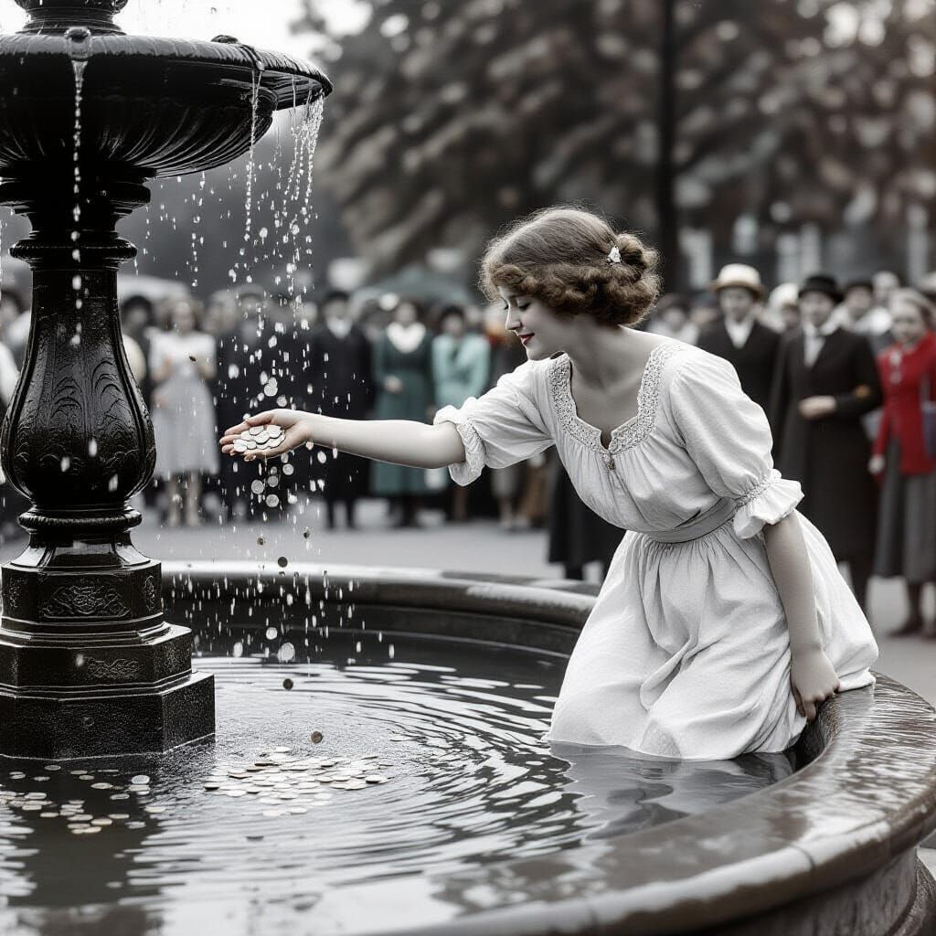 Young Woman at Slavic Fountain, Black and White Photo