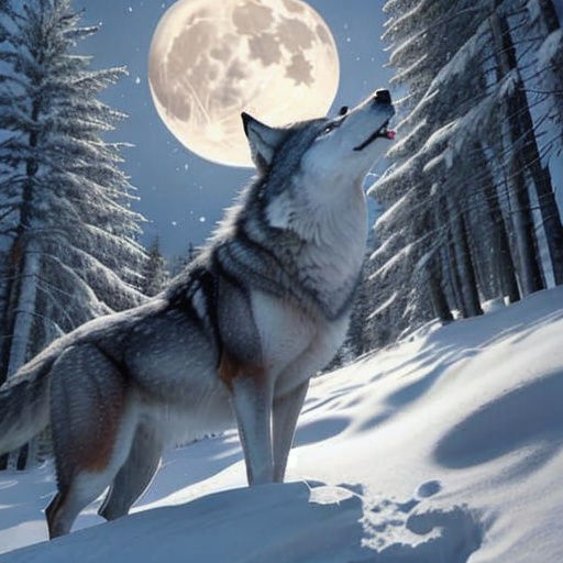 Magnificent Wolf Howling Under Full Moon in Snowy Forest