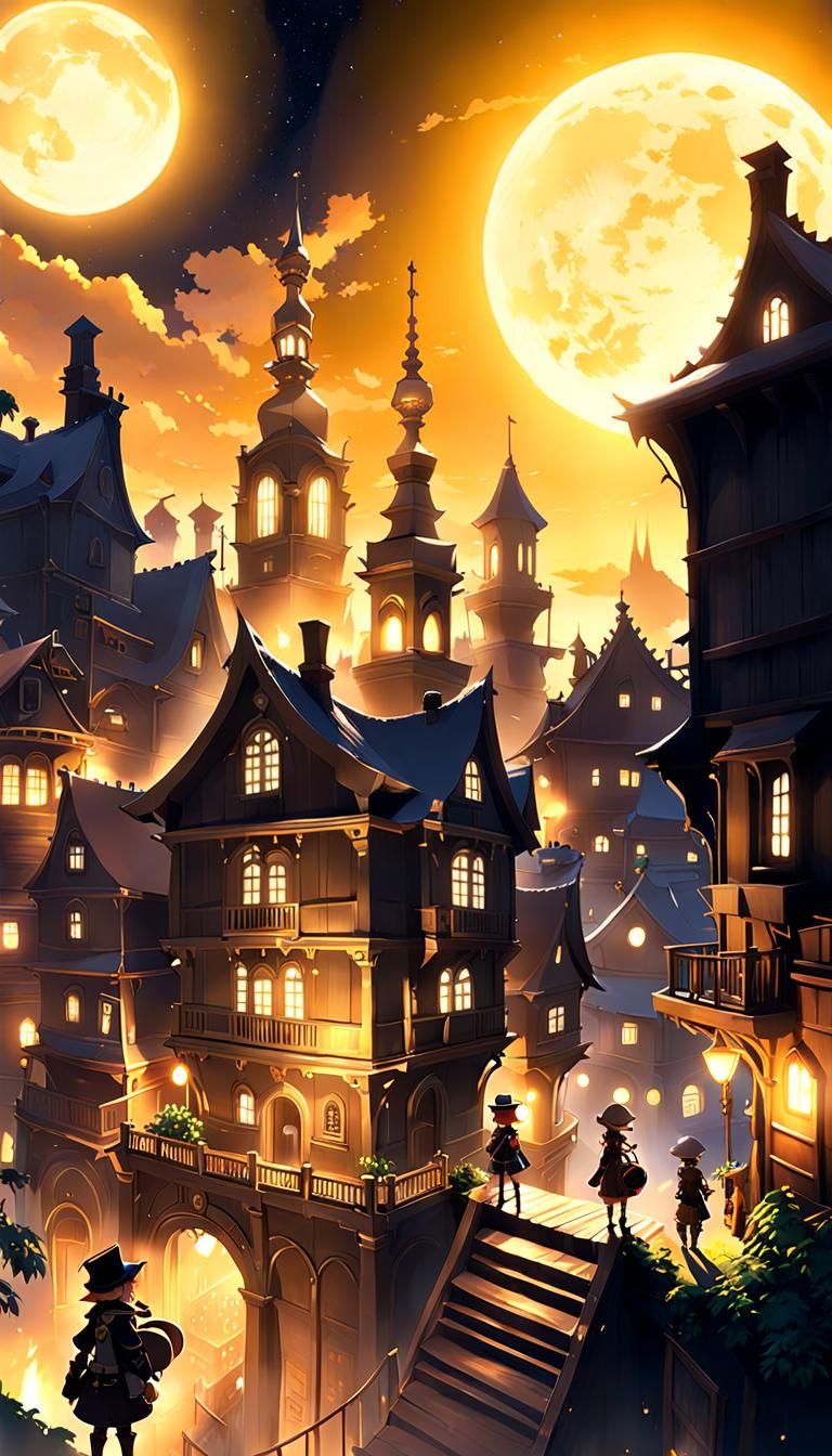 Golden Town at Night: Anime Illustration