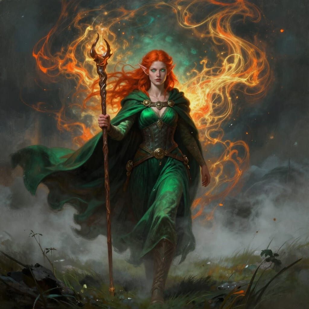 Elf Sorceress Conjures Arcane Energy in Storm