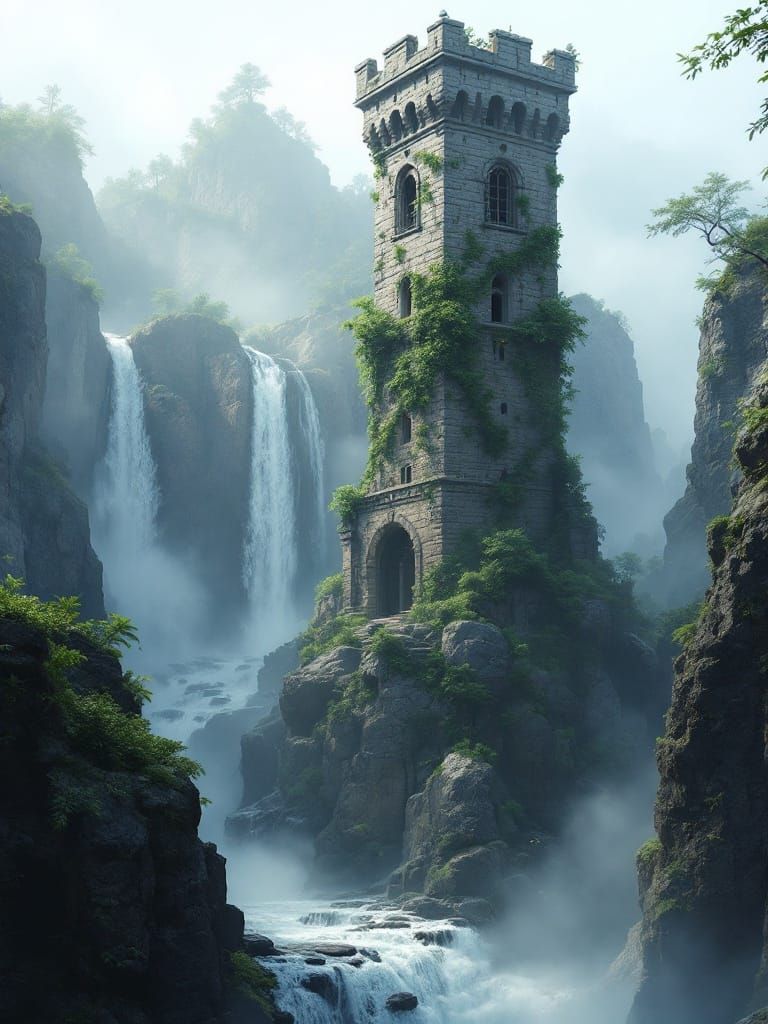Fantasy Cliffside Tower in Soft Summer Hues