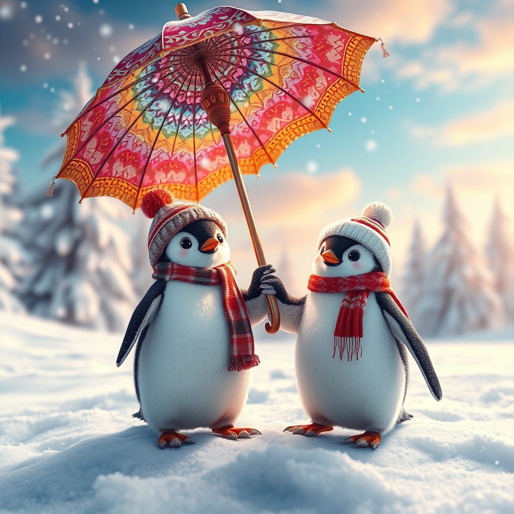 Whimsical Penguins Dance in Snowy Delight