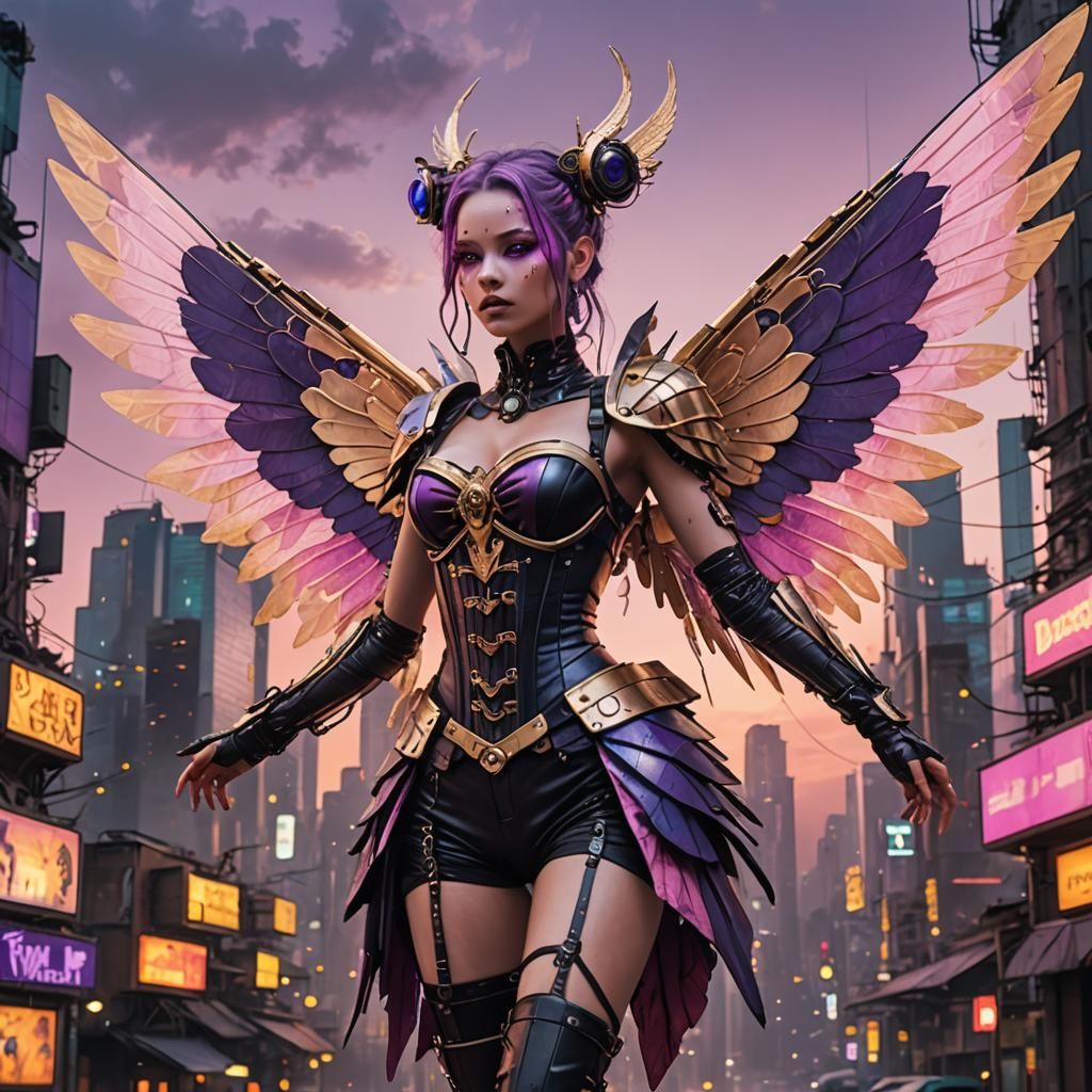 Cyberpunk Fairy Hovering in Dystopian City