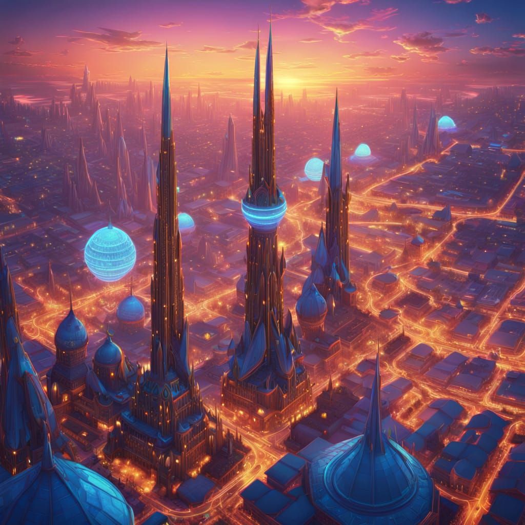 Fantasy City Bird's-Eye View with Neon Lights