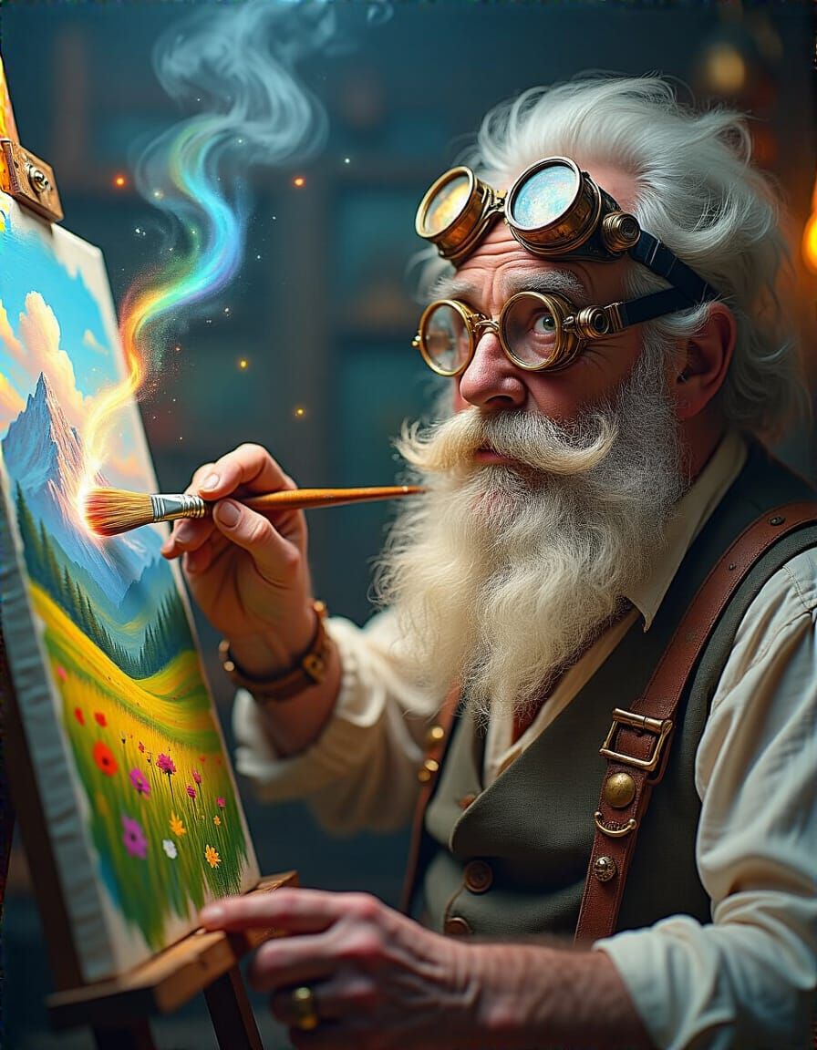 Steampunk Artist Paints Magical Meadow Scene
