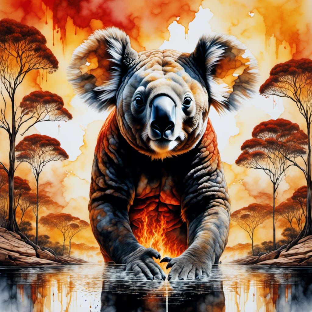 Flaming Koala Double Exposure Portrait in Digital Rendering