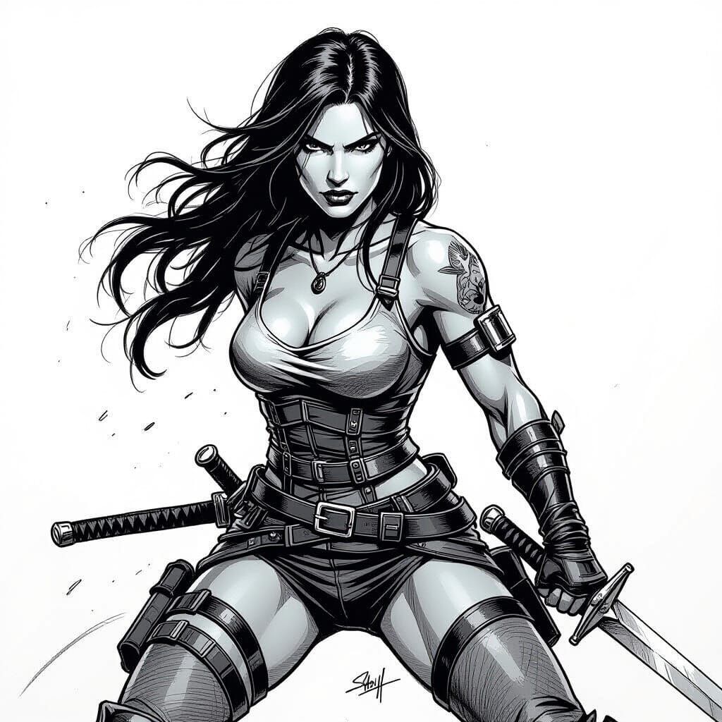 Woman Warrior Pencil Sketch in Frank Miller Style