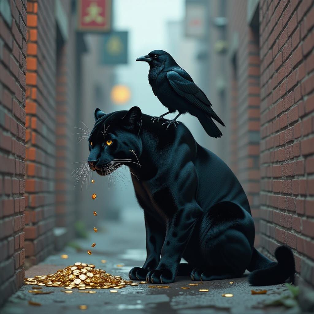 Panther with Crow and Gold in Grimy Alley