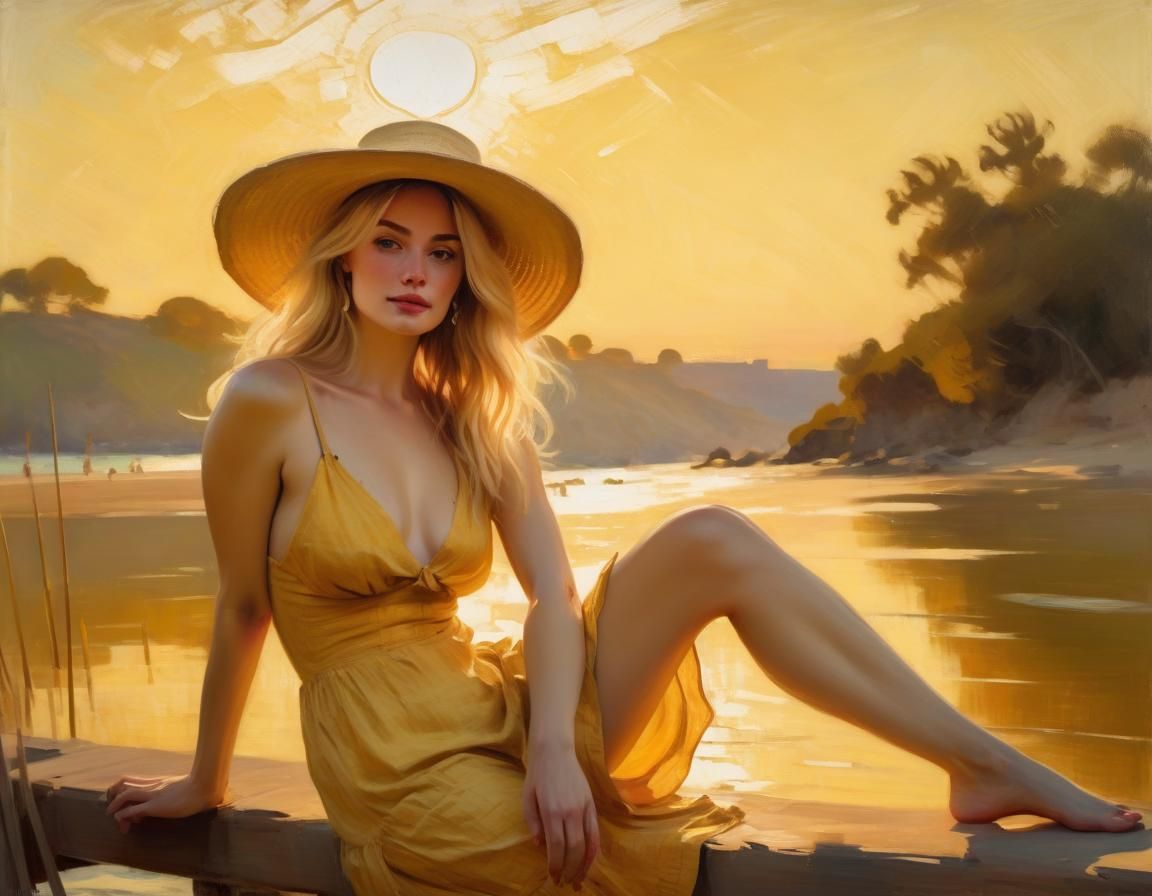 Golden Hour Blonde in Straw Hat: Impasto Style