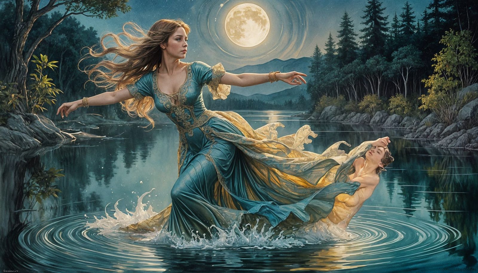 Woman Dancing on Lake in Art Nouveau Style