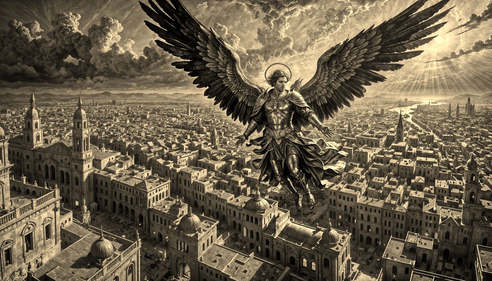 Archangel Lucifer Over Ancient City: Baroque Oil Painting
