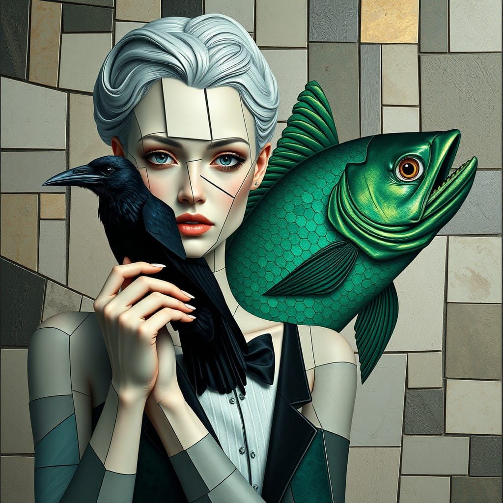 Cubist Portrait: Woman, Raven, and Tuxedo Fish