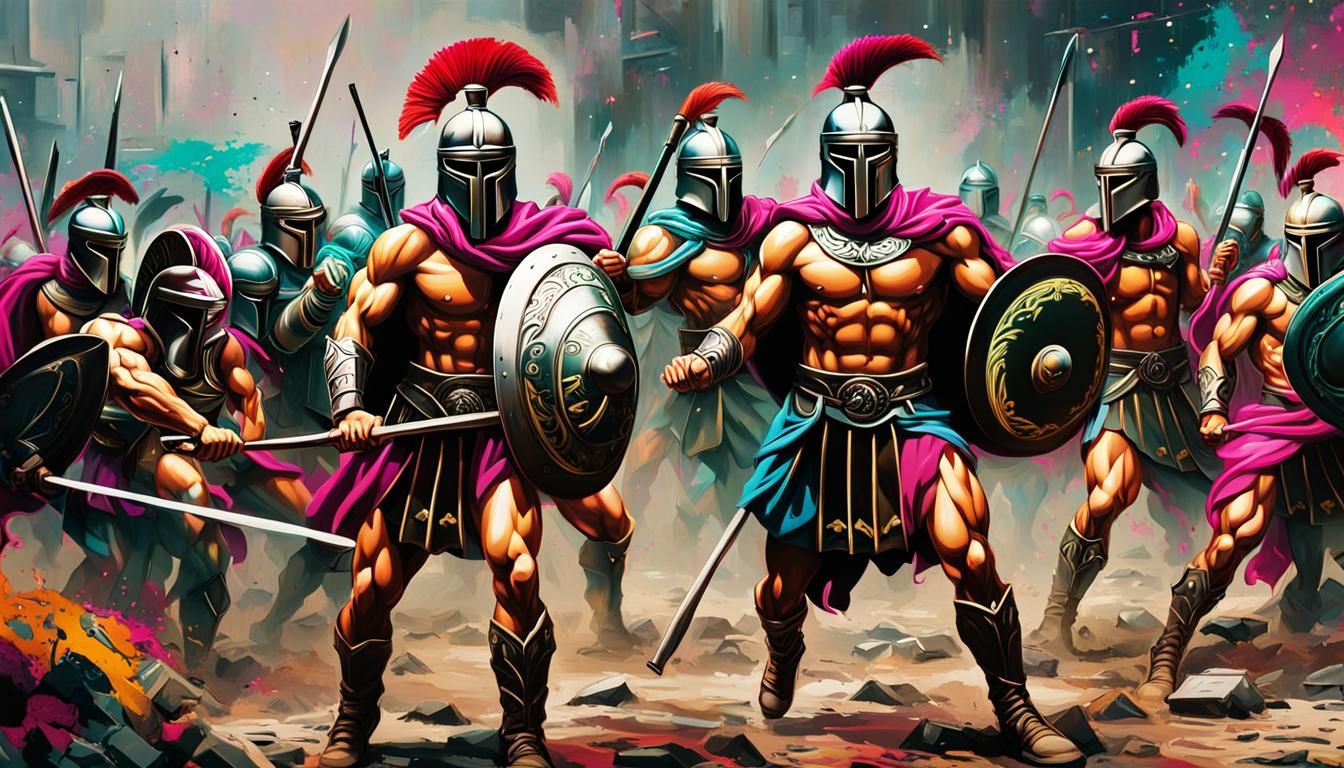Spartans Clash in a Neon Vaporwave Battle
