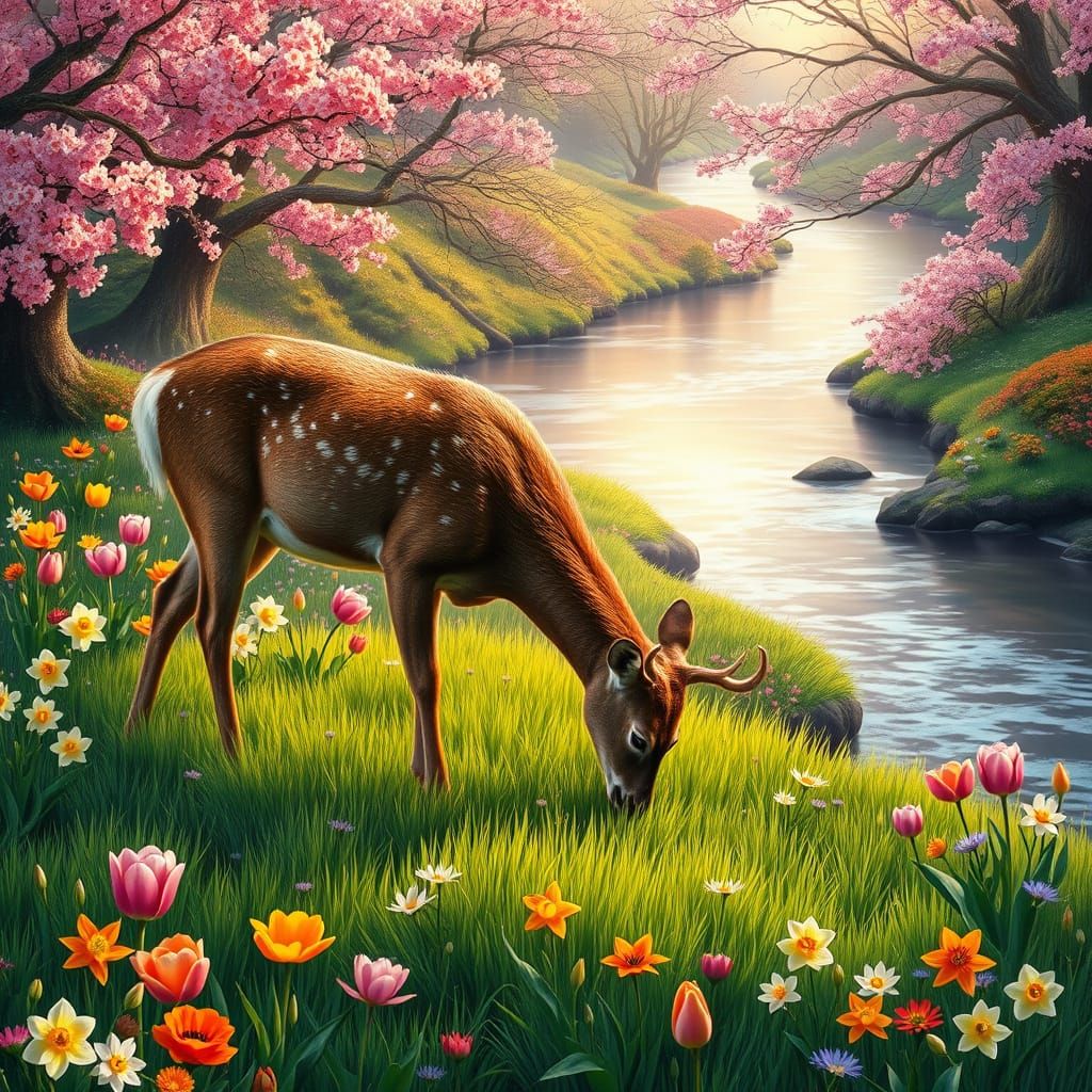 Vibrant Spring Scene with Majestic Deer and Blooming Flowers
