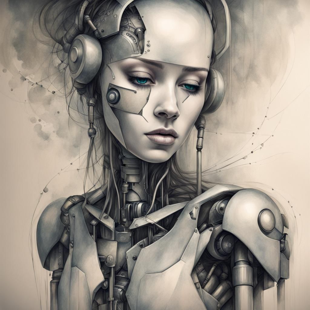 Robot Girl with Broken Arm in Charcoal Drawing