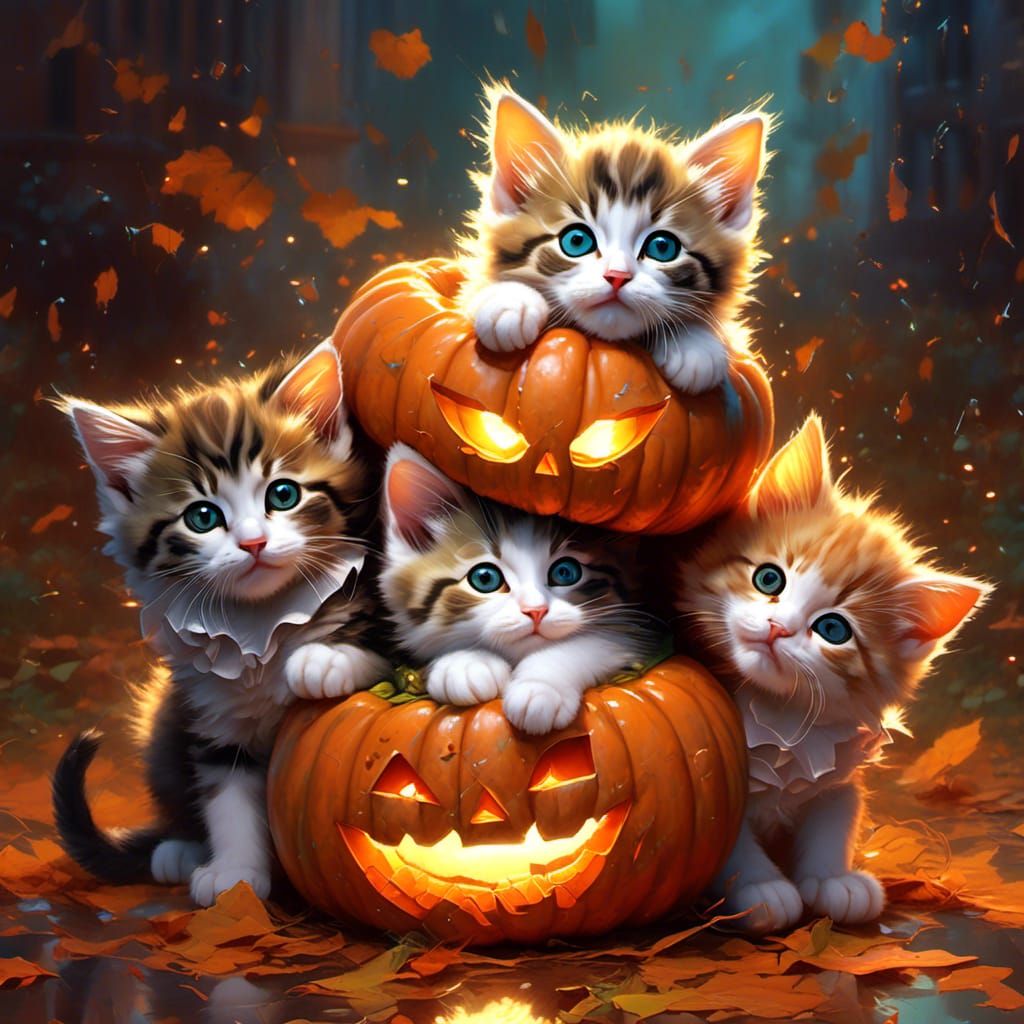 Cute Kittens in Jack-o'-Lantern: Hyperrealistic Splash Art