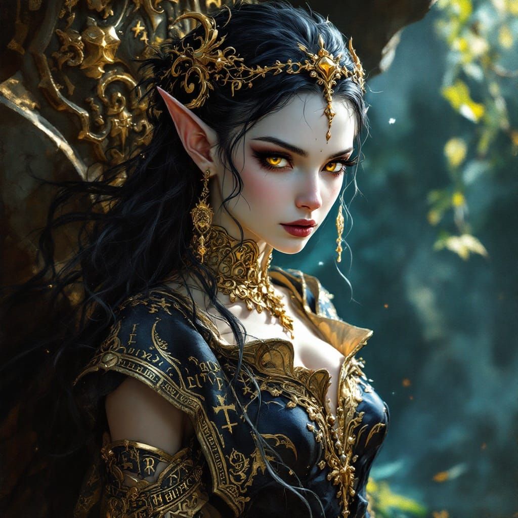 Dark Fantasy Elf Goddess in Ancient Realm