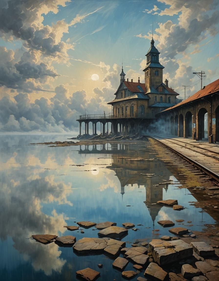 Surreal Train Station in Still Water: Beksiński Oil Painting