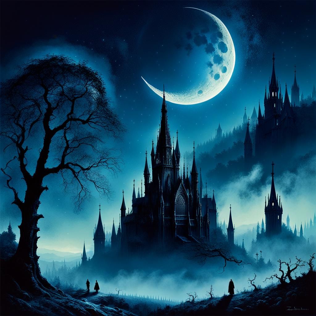 Dark Gothic Moonlit Scene with Twinkling Stars