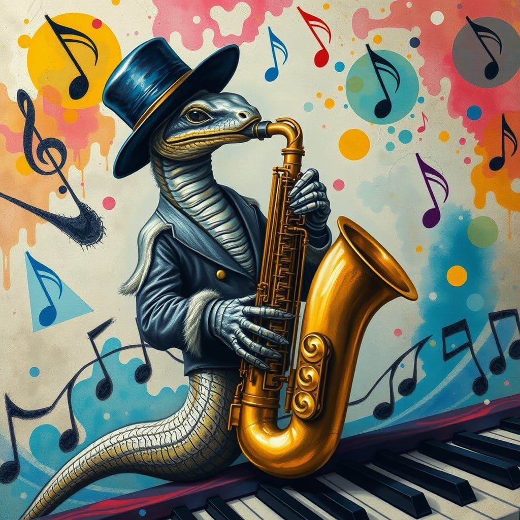 Surrealistic jazz scene. Close-up shot. A snake with artific...