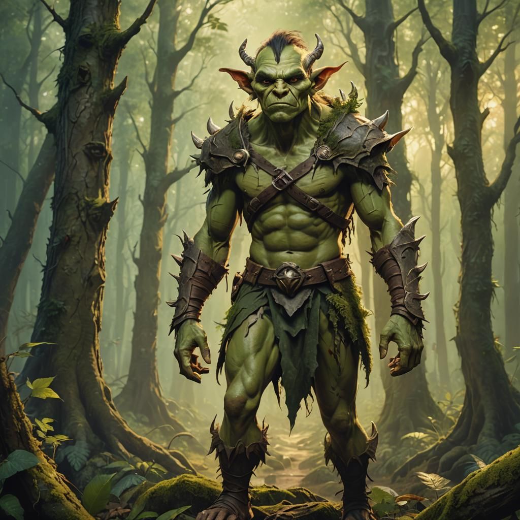 Handsome Goblin-Orc Hybrid in Mystical Forest