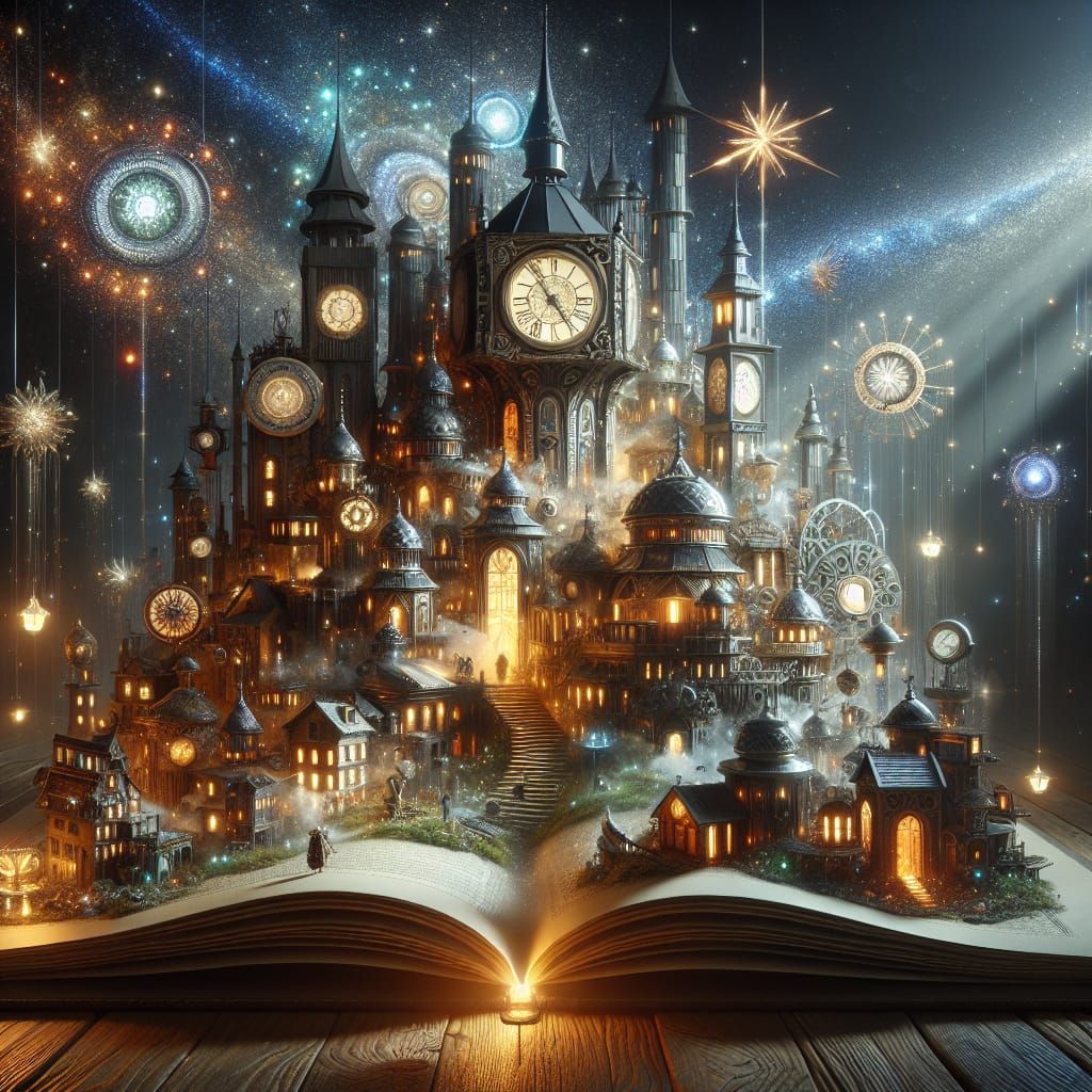 Steampunk City Emerges from Book, Digital Illustration