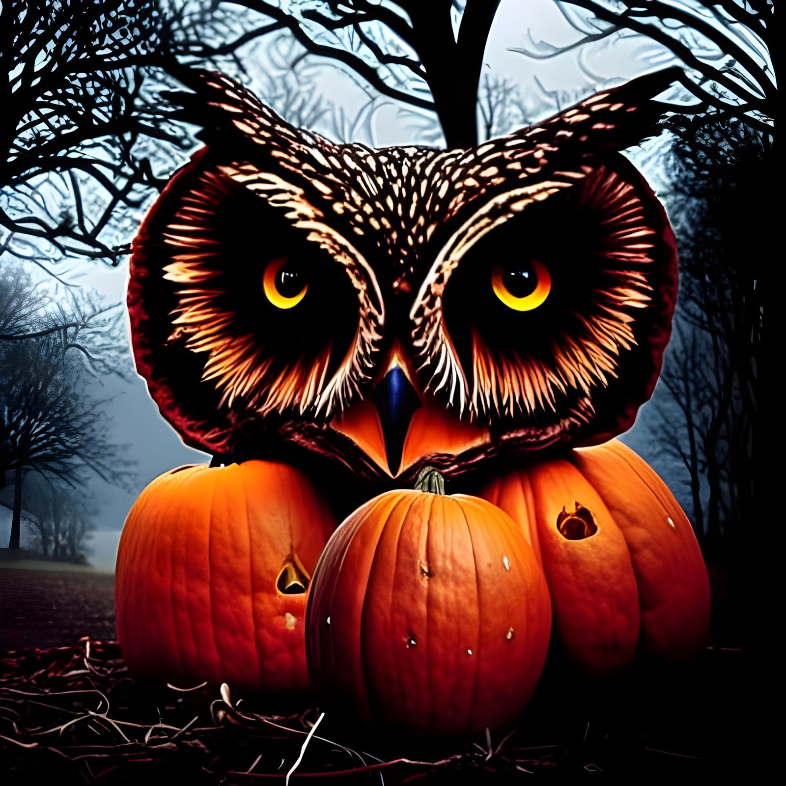 Pumpkin Owl Portrait in Halloween Lightning Storm