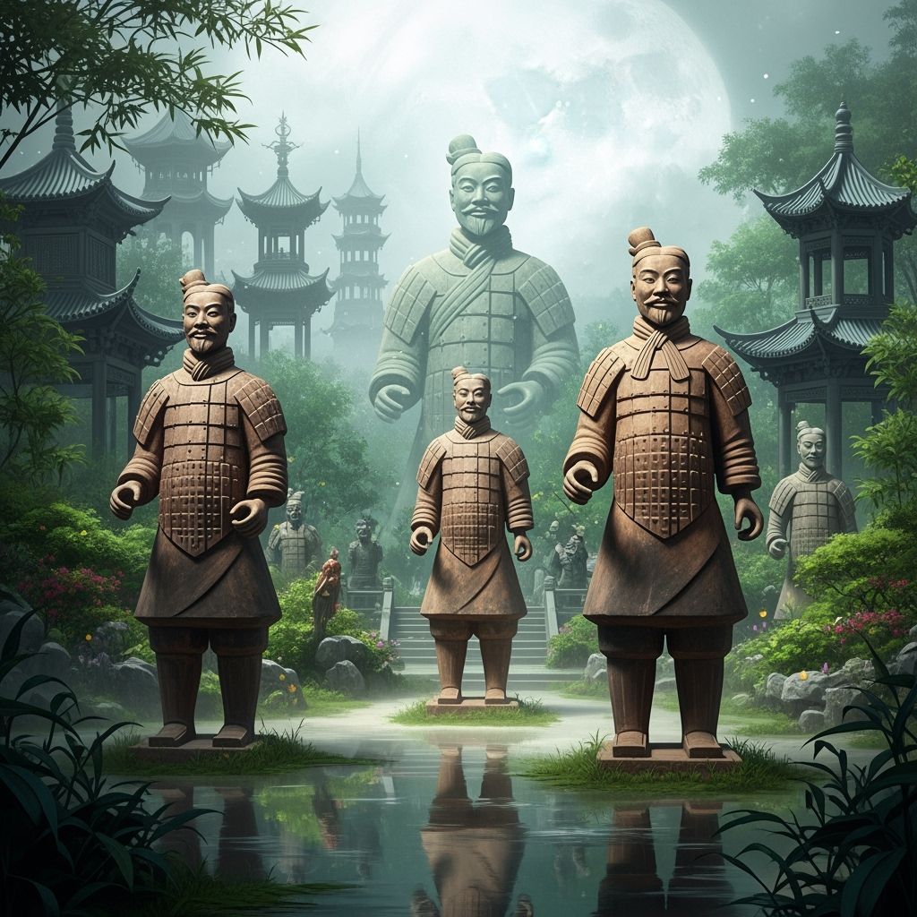 Ethereal Terracotta Soldiers in Moonlit Chinese Garden