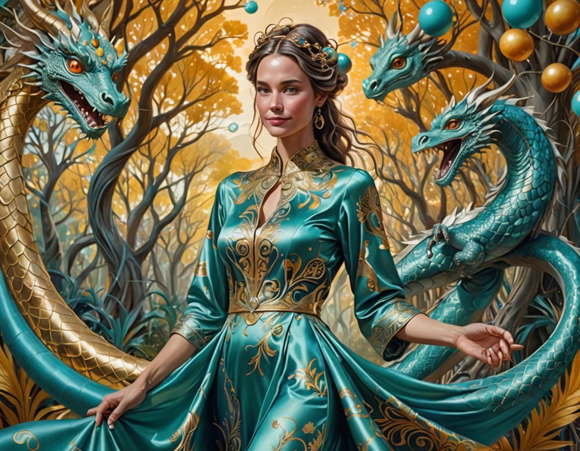 Woman in Dragon Dress with Egg, Psychedelic Digital Art