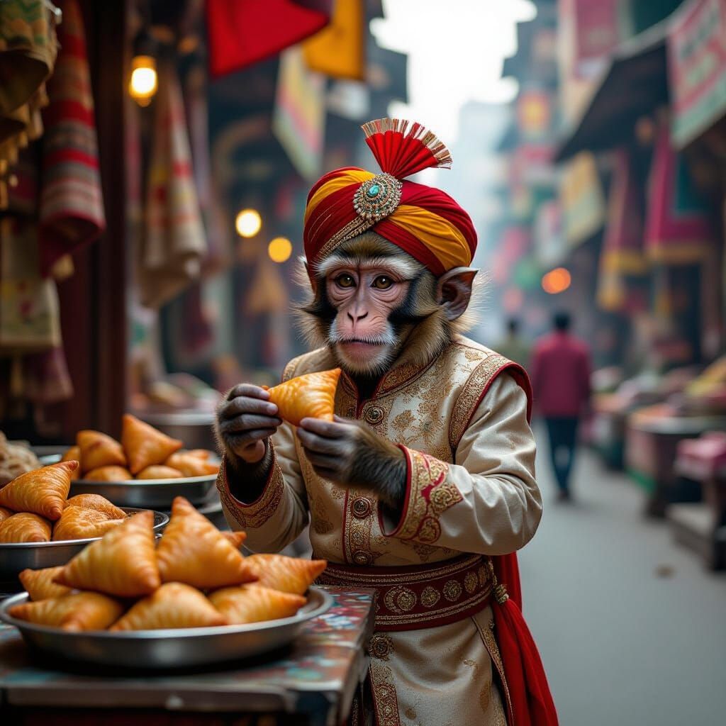 Monkey Mischief in Indian Market, Hyperrealistic Style