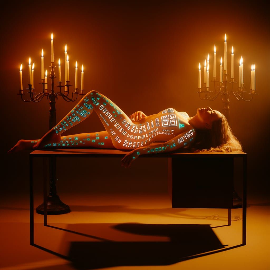 Surreal Beauty with Glowing QR Code in Soft Candlelight