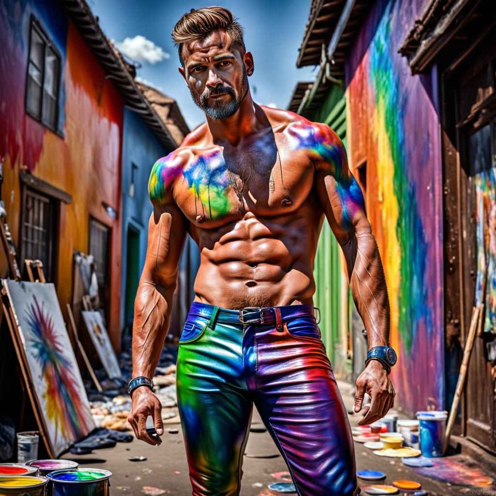 Handsome Man Painting with Rainbow Leather Pants