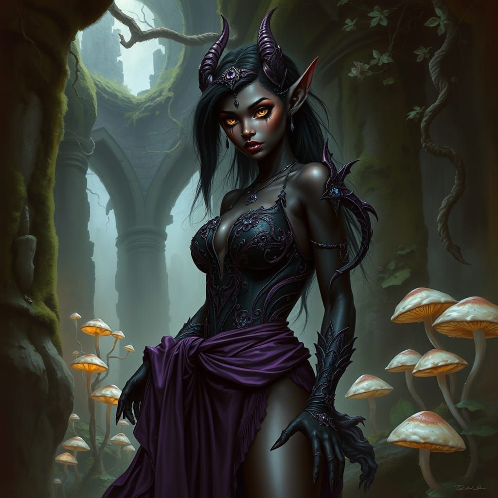 Sensual Dark Elf Amidst Ancient Ruins