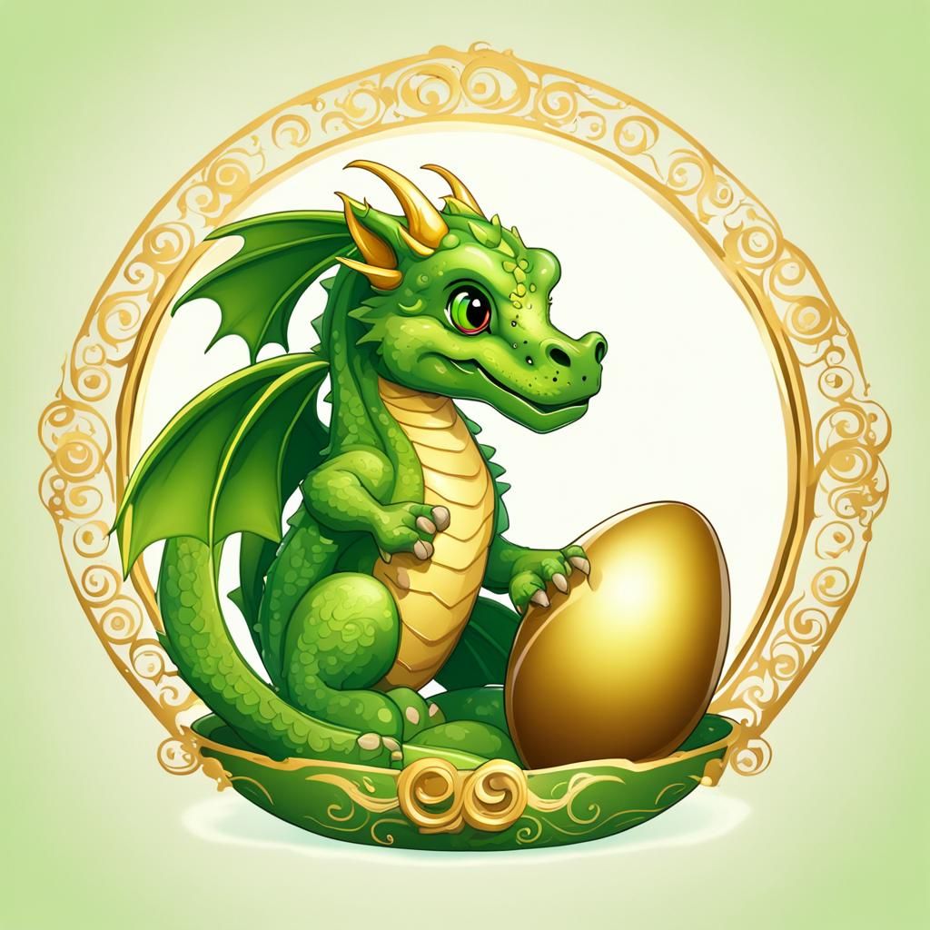 Cute Green Dragon Hatching, Gold Accents