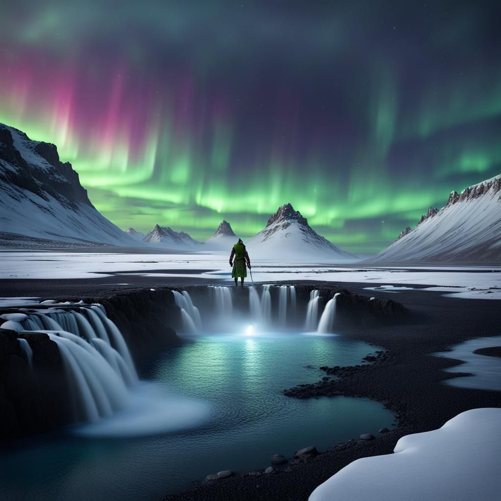 Icelandic Viking Warrior Under Aurora Borealis