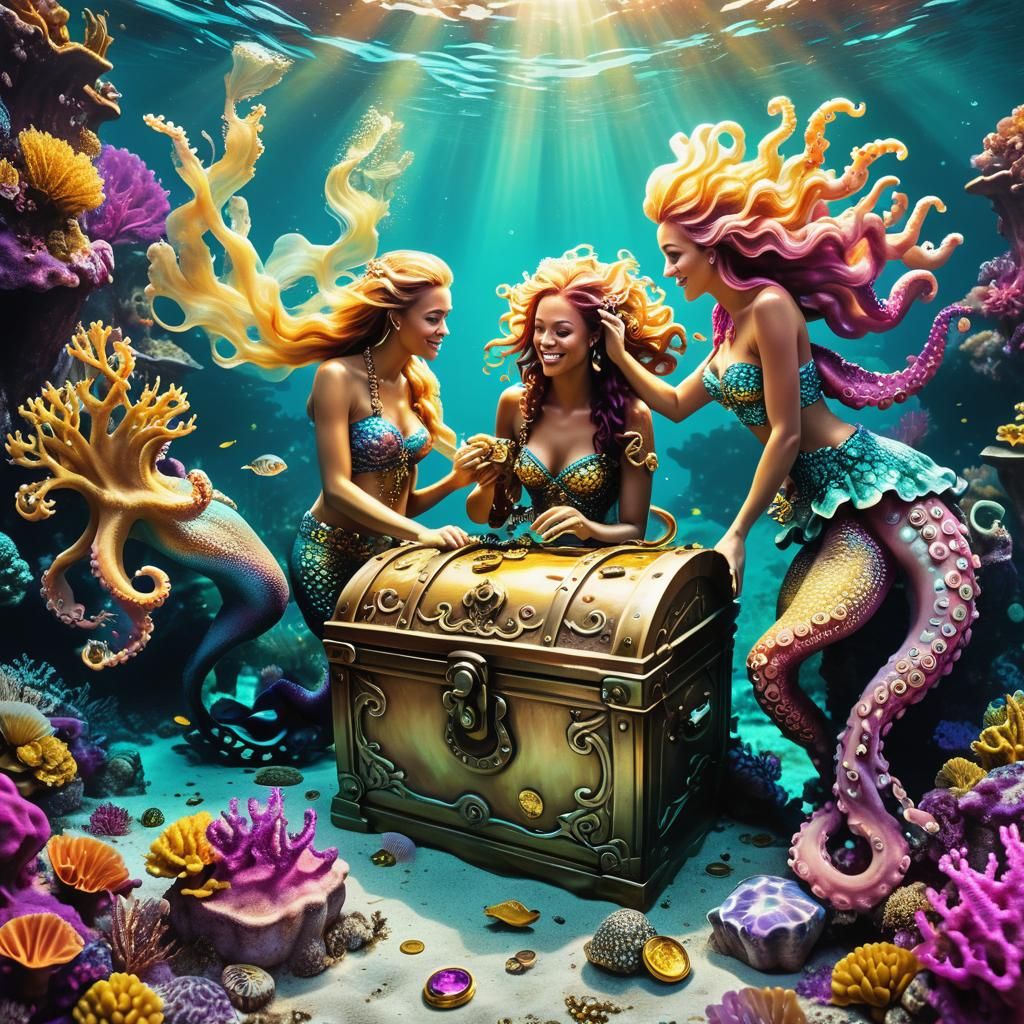 Mermaids Discover Treasure in Surreal Coral Reef