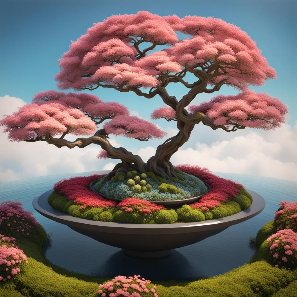 Colorful Low Poly Garden with Dogwood and Bonsai