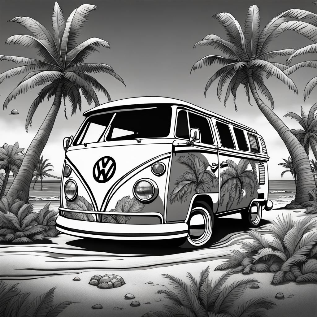 1968 VW Van Coloring Book Page in 80s Surf Style