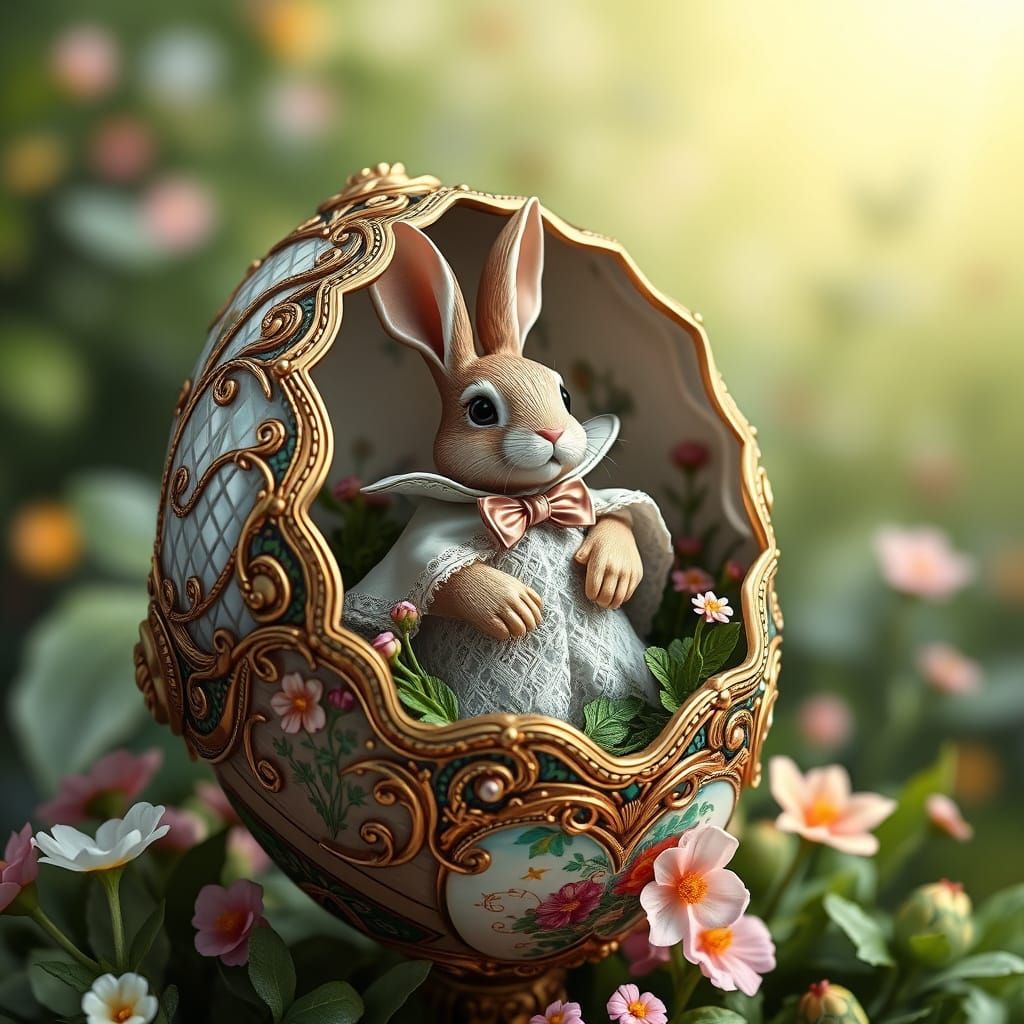 Easter Bunny in Golden Faberge Egg
