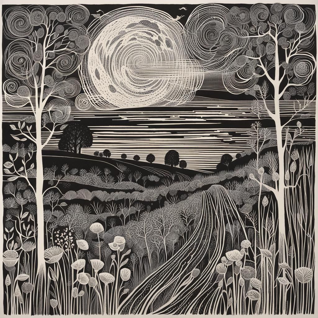 Woodblock Print Landscape in Traditional Style