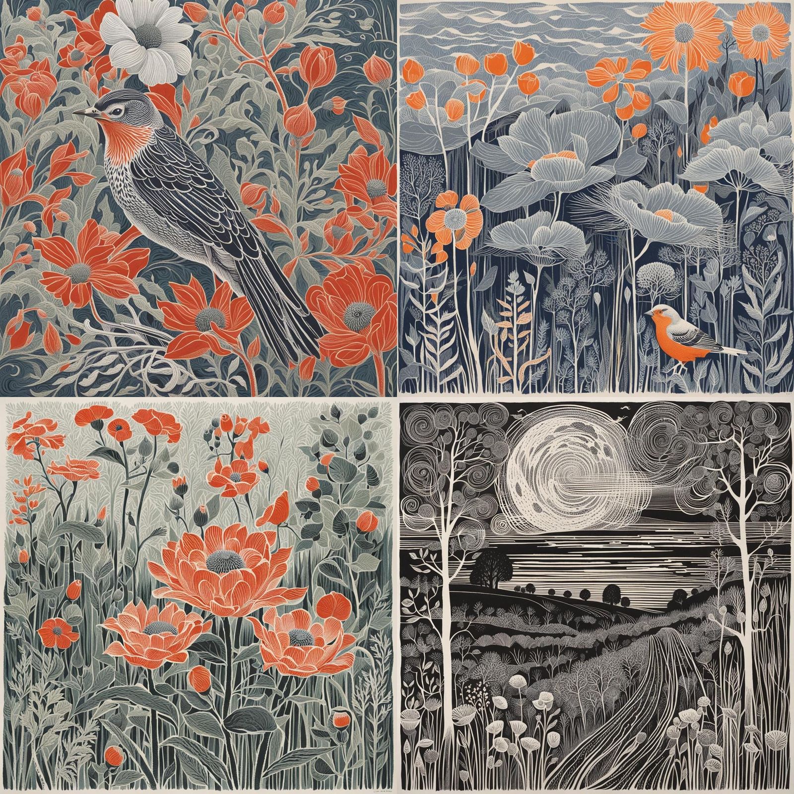 Mountain Landscape in Woodblock Print Style