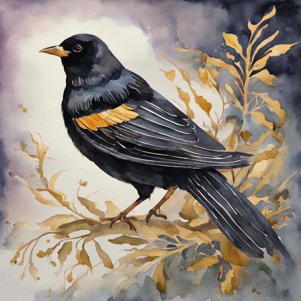 Detailed Watercolor of Gold Winged Black Bird
