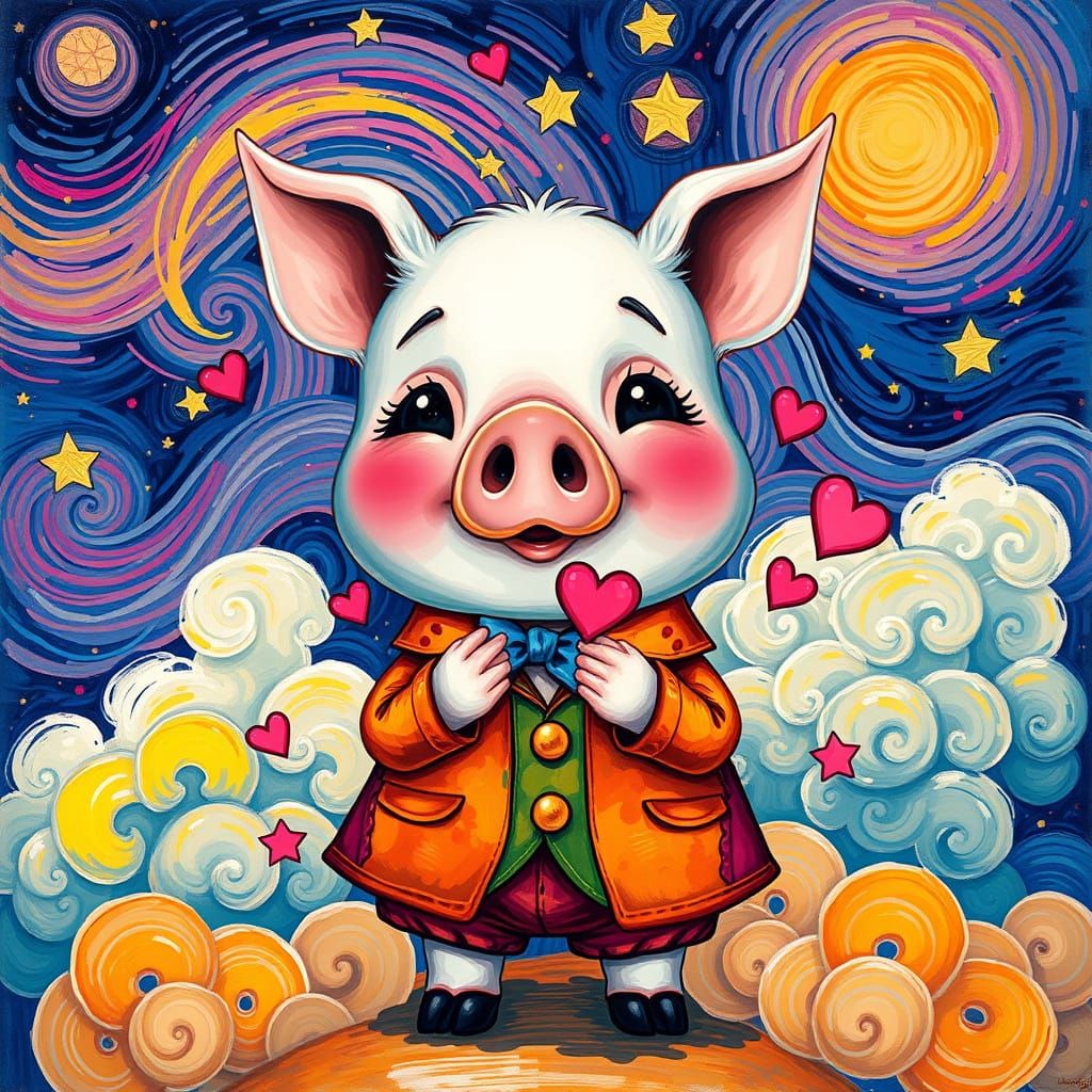 Pig-Man Blowing Hearts in Kawaii Van Gogh Style