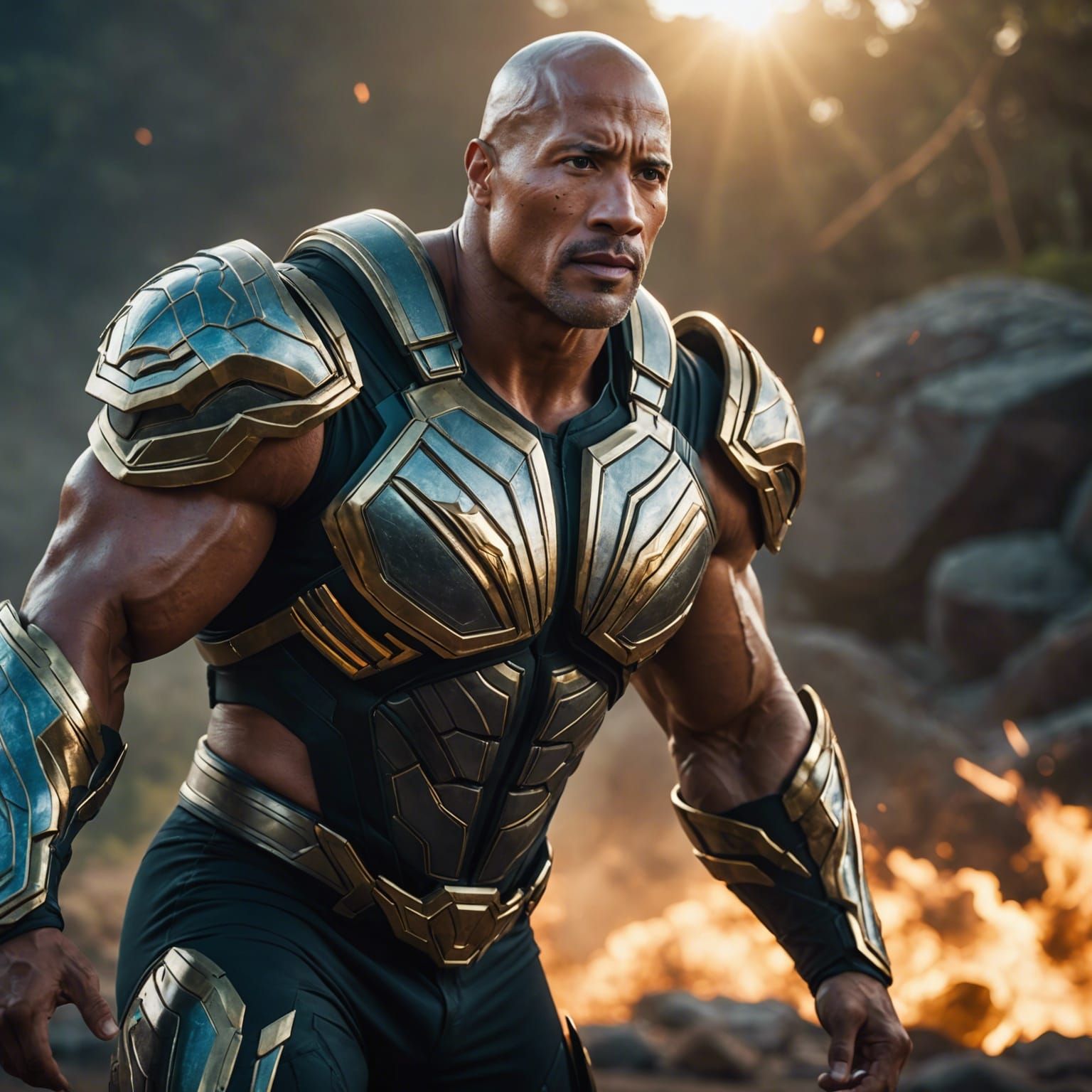 Glowing Glow-Up: Imagine Dwayne "The Rock" Johnson transforming into a glowing superhero, with shimmering armor and radi...