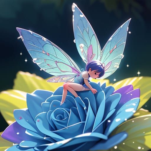 Vibrant Fairy Perched on Morning Blue Rose