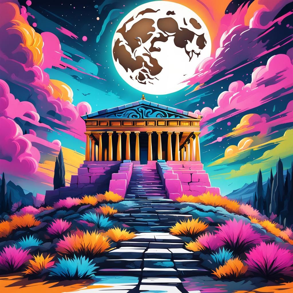 Greek Temple on Mountain in Graffiti Art Style