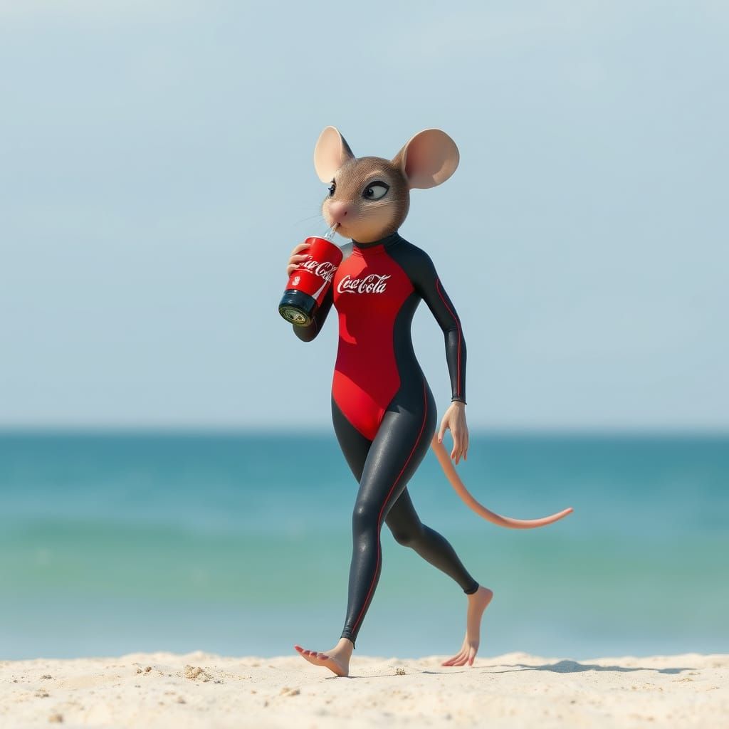 Mouse Girl in Wetsuit Drinks Coca-Cola on Beach